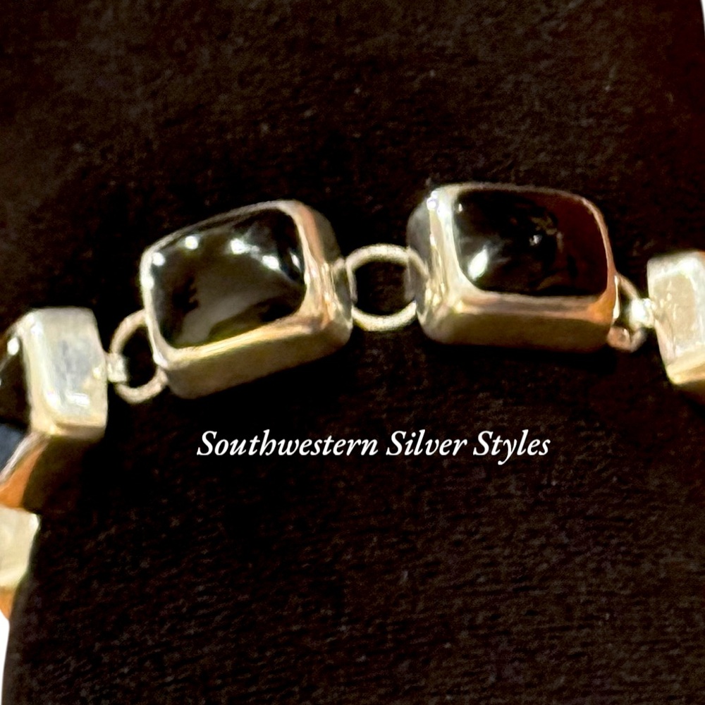 Southwestern Vintage Estate Solid Black Onyx .925 Sterling Silver Link Bracelet - Picture 4 of 9